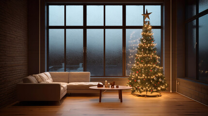 modern living room with Christmas tree