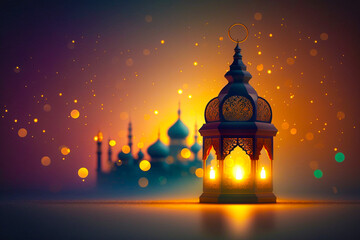 Fototapeta premium Ai generated image of classic lamp with mosque shape with eid fitr celebration event.