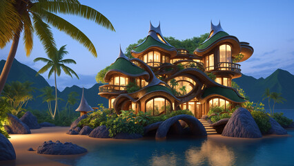 Illustration of an Art Nouveau style mansion on a tropical island - AI Generated