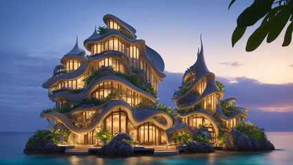 Obraz premium Illustration of an Art Nouveau style mansion on a tropical island - AI Generated