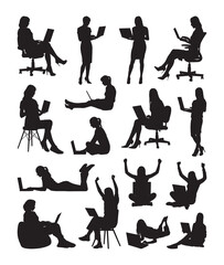 Business women group working on laptop  various different poses silhouette set.