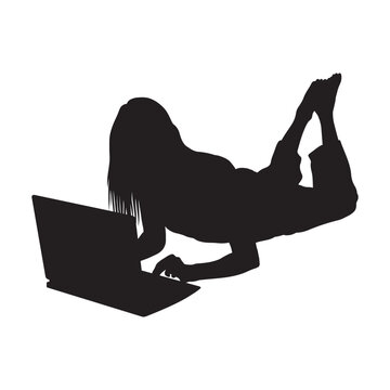 recommend clip art: Woman lying prone position working on laptop vector silhouette.