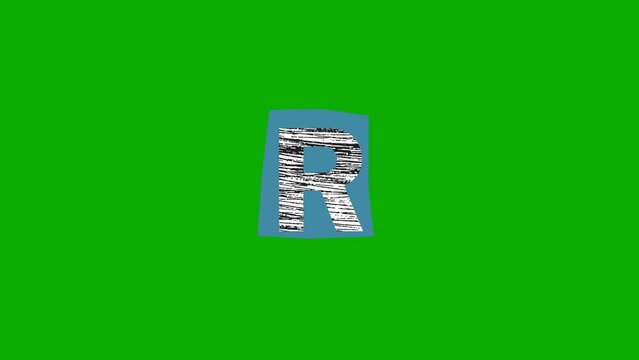 Letter R animation with line scratches on a blue background in a green screen.