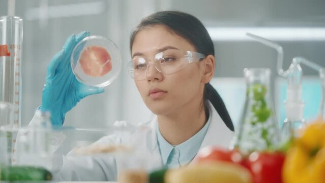 Young Asian female researcher examines a sample of genetically modified meat in a petri dish. The microbiologist analyzes the quality of the sample. GMO. Close up.