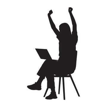 recommend clip art: Woman working on laptop raised hands up vector silhouette.