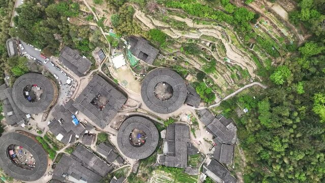 The Fujian earthen buildings (also known as Hakka tulou) in mountains. These buildings are in Tianluokeng village.
