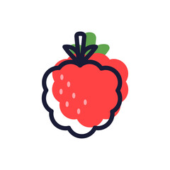 Raspberry with leaves and spotted.  Line icon. Vector isolated on white background. Cartoon style. For poster; app; web; package.