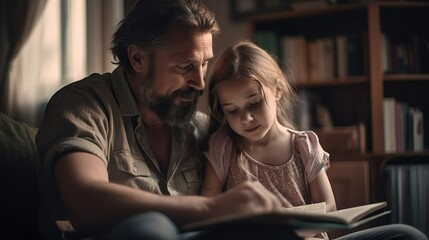 Father is spending time with his preschool daughter, teaching her to read