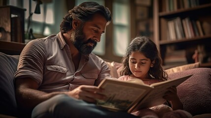 Indian father is spending time with his preschool daughter, teaching her to read