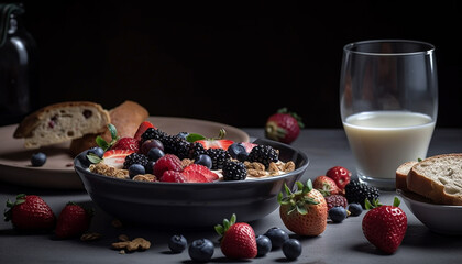 Fresh berry bowl on wooden table with granola generated by AI