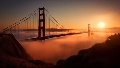 Golden suspension bridge vanishes into foggy dusk generated by AI