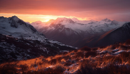 Fototapeta na wymiar Majestic mountain peak at dusk, tranquil scene generated by AI