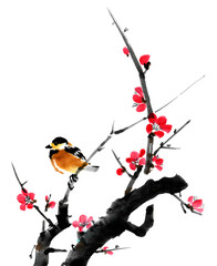 水墨画技法で描いた梅に山雀