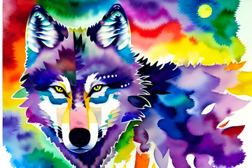 colorful drawing of a wolf with a rainbow