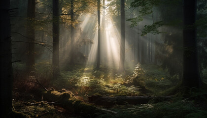 Mystery forest in tranquil autumn dawn light generated by AI
