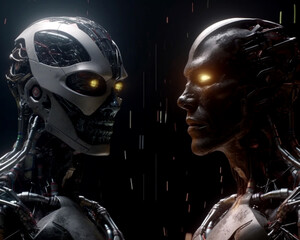 Fototapeta na wymiar Humanoid robots with glowing eyes