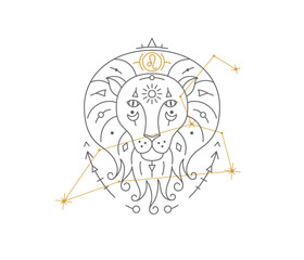 Leo astrological symbol with Zodiac constellation, connected stars. Lion astrology horoscope sign and stars on white background thin line vector illustration