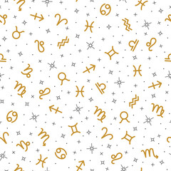 Twelve golden zodiac signs seamless pattern, astrological symbols repeating print on white background for fabric, packaging, web page design. Astrology, esoteric, horoscope signs vector illustration