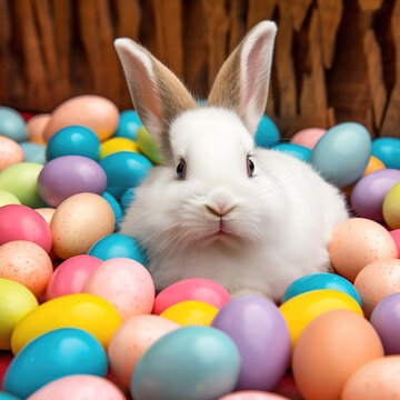 Adorable Easter Bunny Looking At The Camera, Immersed in a Wonderland of Easter Eggs - Generative AI