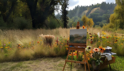 Fototapeta premium Artist paints tranquil meadow of wildflowers and trees generated by AI
