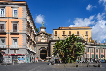 Naples, Italy. View of Piazza Dante with the ancient Port'Alba gate on the left. 2022-08-20.