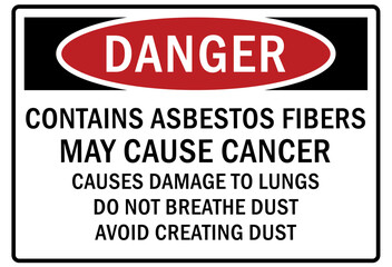 Asbestos chemical hazard sign and labels contains asbestos fibers. May cause cancer. Causes damage to lungs. Do not breathe dust. Avoid creating dust