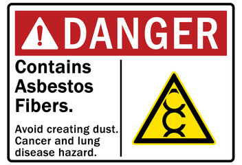 Asbestos chemical hazard sign and labels contains asbestos fibers. Avoid creating dust. Cancer and lung disease hazard