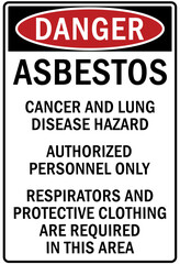 Asbestos chemical hazard sign and labels cancer and lung disease hazard. Authorized personnel only. Respirators and protective clothing are required in this area