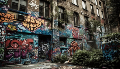 Multi colored graffiti mural depicts youth culture creativity generated by AI