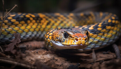 Fototapeta premium Focus on foreground Poisonous snake crawling on yellow branch generated by AI