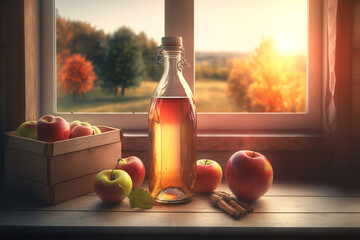 Apple cider vinegar in bottle with fresh apples next to window with morning sun rays. Created with Generative AI technology.