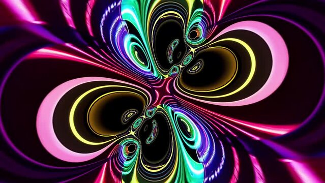 Neon vortex swirling kaleidescope abstract rainbow blacklight colors animation for vj dj performance motion background, trippy surreal beautiful seamless looping animated backdrop music visualizer
