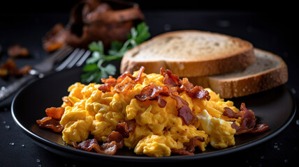 Scrambled eggs with fried bacon and sausage and toast. Scrumptious Scrambled Eggs and Bacon Breakfast Feast