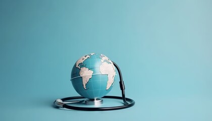 Stethoscope wrapped around globe on blue background. Generative ai