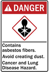Asbestos chemical hazard sign and labels contains asbestos fibers. Avoid creating dust. Cancer and lung disease hazard