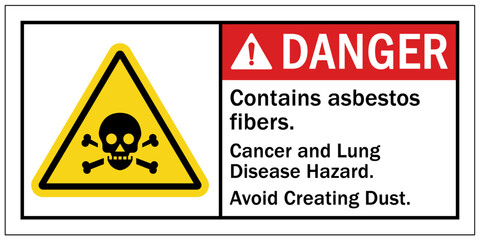 Asbestos chemical hazard sign and labels contains asbestos fibers. Avoid creating dust. Cancer and lung disease hazard