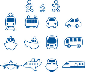 歩く人物のシルエットと移動するときに使う乗り物のアイコン風線画セット