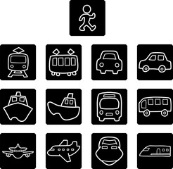 歩く姿と乗り物の四角いアイコンセット