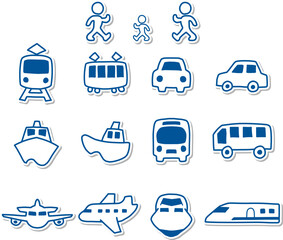 歩く姿と乗り物のアイコン風イラストセットシール風