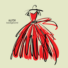 art sketching isolated vector drawing of bride dress for wedding; red silk dress with full skirt and bow; illustration, space for text, greeting card