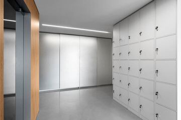 Office wardrobe, locker room in sport club. Dressing room