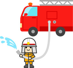 放水する消防士と消防車のデフォルメイラスト