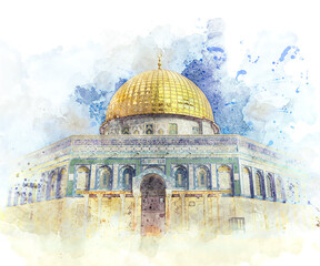 Watercolor painting of a dome of the rock in Al-Quds, Jerusalem.