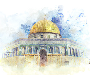 Obraz premium Watercolor painting of a dome of the rock in Al-Quds, Jerusalem.
