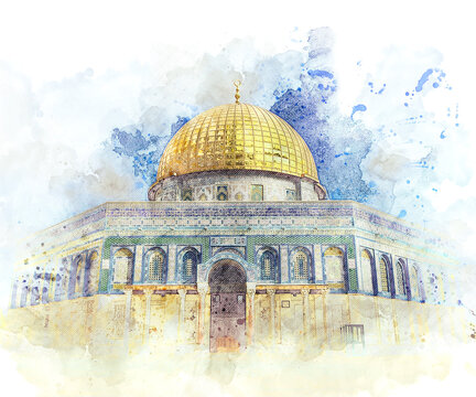 Watercolor painting of a dome of the rock in Al-Quds, Jerusalem.