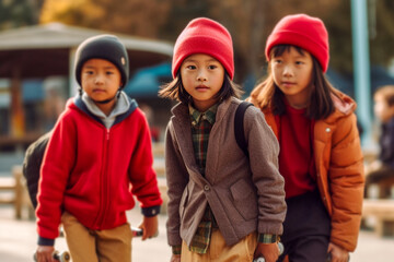 Three Asian children playing outdoors wearing winter clothes