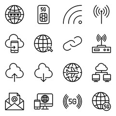 set of icons for internet and networking. network, website, connect, wireless, server, link, signal, hosting, satellite, transfer, developer, logistic, signs, computing