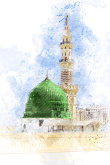 Watercolor painting of a green dome of a mosque.