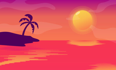Fototapeta na wymiar Sunset or sunrise Panoramic beach view vector illustration, sea beach and sun, ocean sunrise, palms