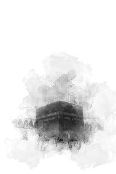 Black and white watercolor painting of a mosque with the inscription mecca.